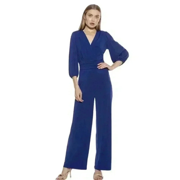 ALEXIA ADMOR Jumpsuit XL 16 18 Royal Blue Wide Leg Flare V Neck Ruched Romper - Picture 1 of 13